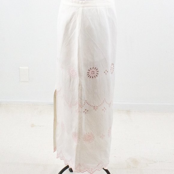 Vintage Boho Eyelet Skirt 12 Linen Pencil Midi White - Picture 3 of 9